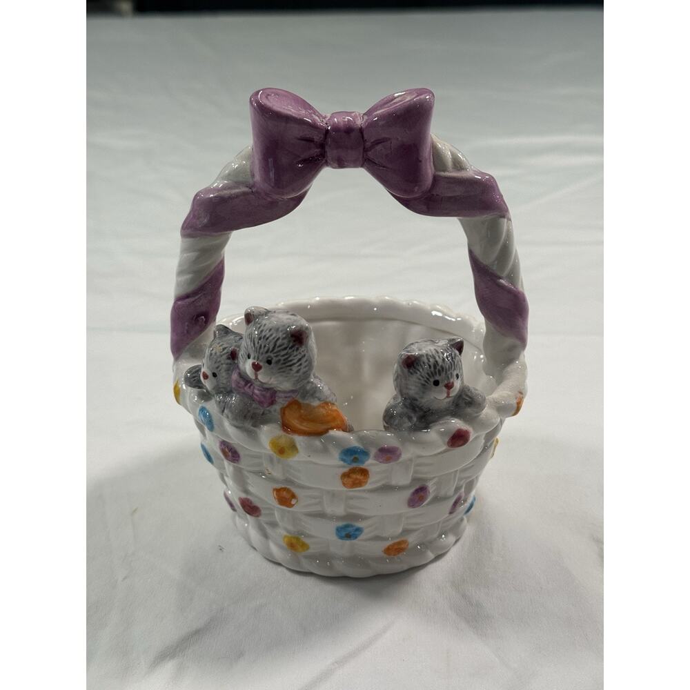 Ceramic‎ Easter Egg Basket with Bow Handle Spring Bouquet and 3 Cats